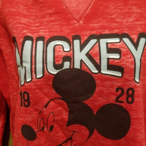 DISNEY MICKEY MOUSE RED BURNOUT SWEATSHIRT HAPPIEST PLACE ON EARTH - Picture 2 of 9